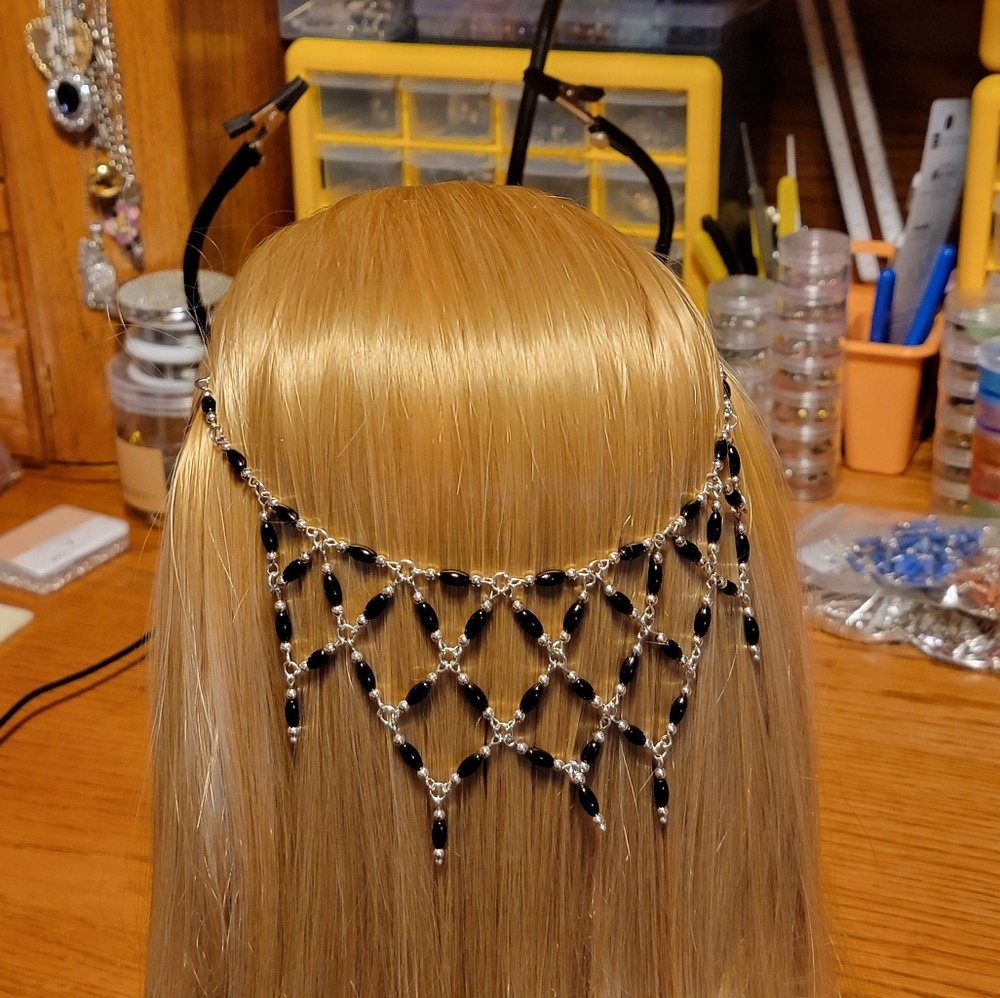 Barrette dangle Criss-cross wrap made with black glass and silver beads